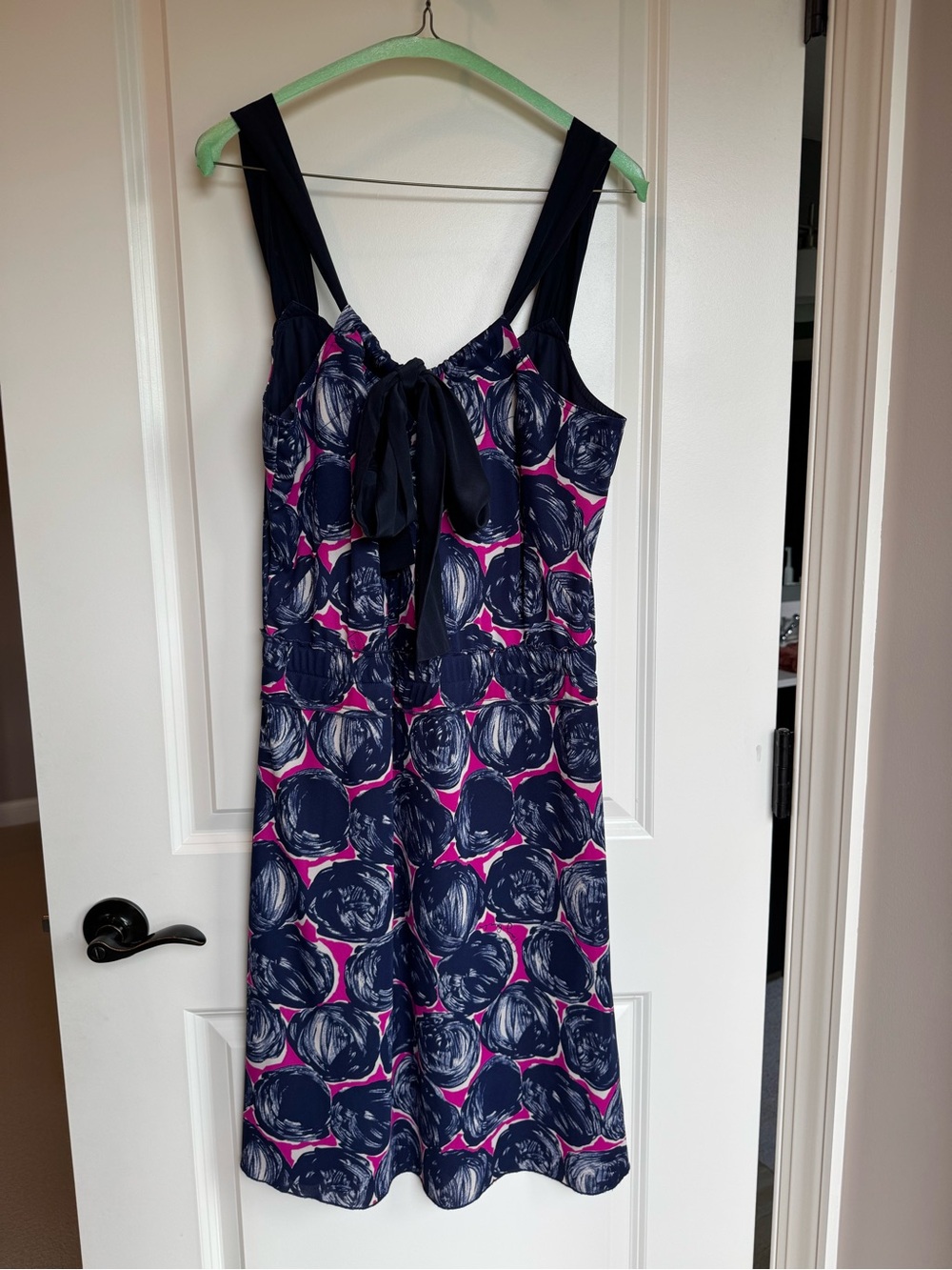 Tory Burch Navy and Hot Pink Printed Tie-Front Knee Length Dress